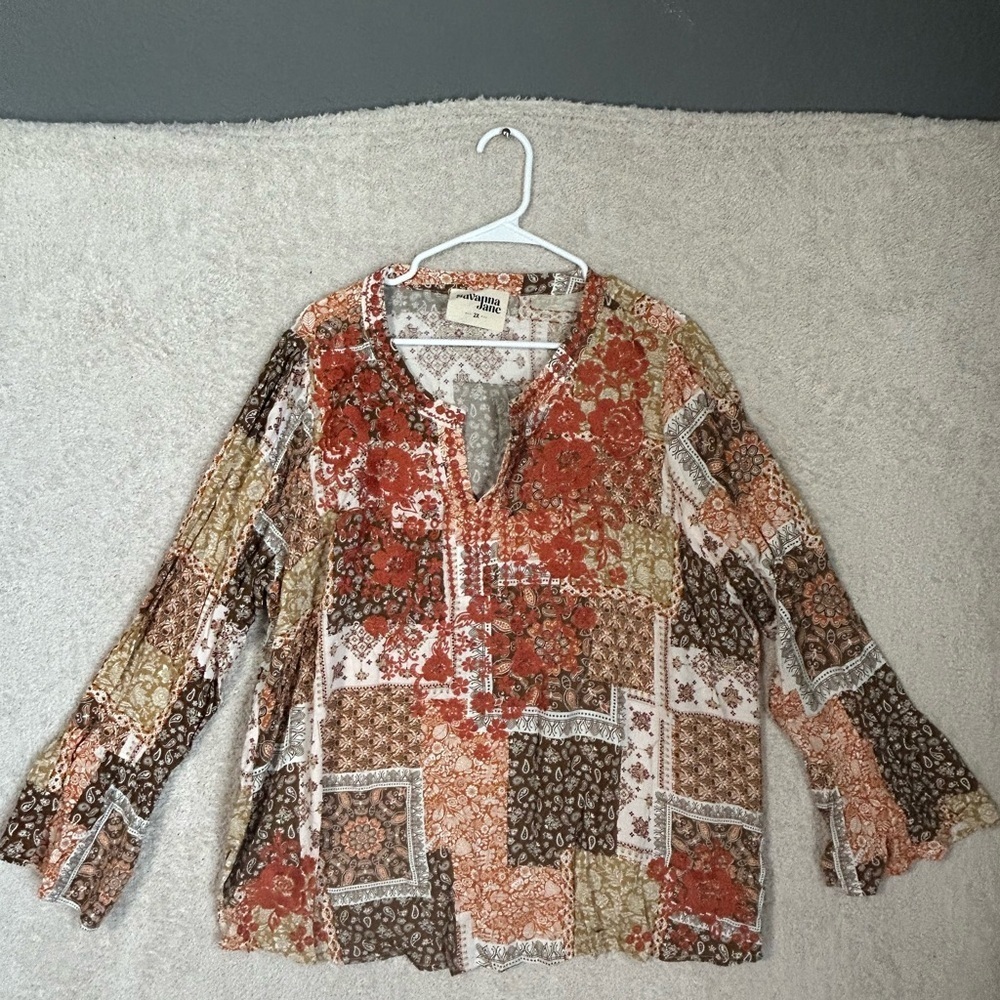 Savanna Jane Top Womens 2X Embroidered Aztec Artsy Art to Wear Boho Western